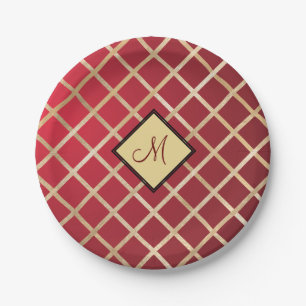 Monogramm des roten Golden Diamond Geometric Pappteller