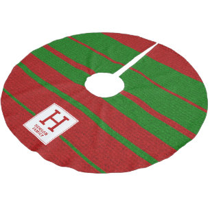 Monogramm des roten grünen Stripmusters Polyester Weihnachtsbaumdecke