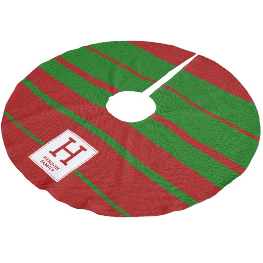 Monogramm des roten grünen Stripmusters Polyester Weihnachtsbaumdecke (Schrägansicht)