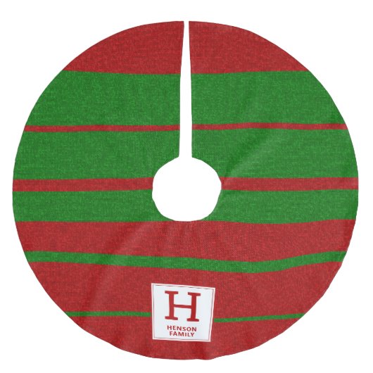 Monogramm des roten grünen Stripmusters Polyester Weihnachtsbaumdecke (Vorderseite)