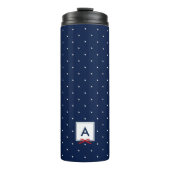 Monogramm des roten Ribbon Blue Polka-Dot-Musters Thermosbecher (Vorderseite)