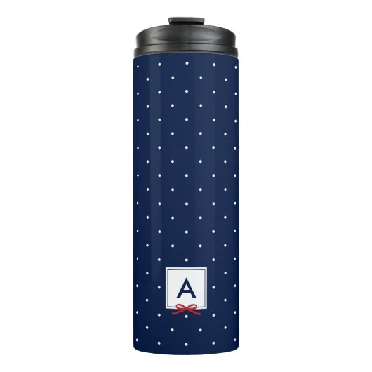 Monogramm des roten Ribbon Blue Polka-Dot-Musters Thermosbecher (Vorderseite)