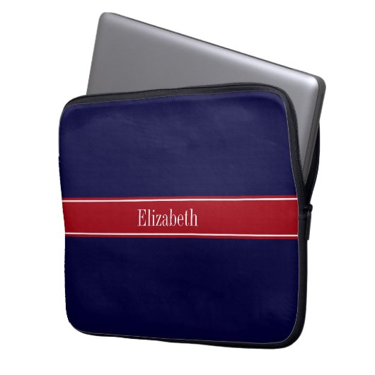 Monogramm des roten Ribbon-Namens "Solid Navy Blue Laptopschutzhülle (Vorderseite Links)