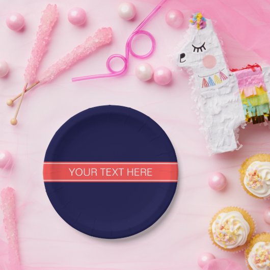 Monogramm des roten Ribbon-Namens "Solid Navy Blue Pappteller (Party)