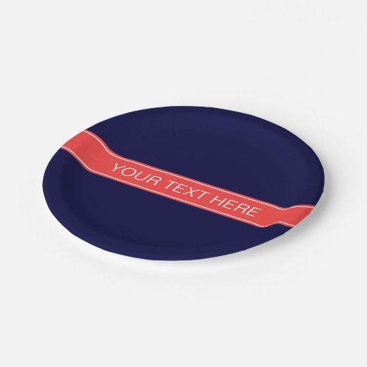 Monogramm des roten Ribbon-Namens "Solid Navy Blue Pappteller (Schrägansicht)