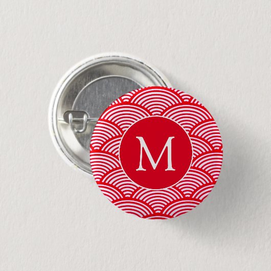 Monogramm des roten und weißen Scallop-Musters Button (Vorne & Hinten)