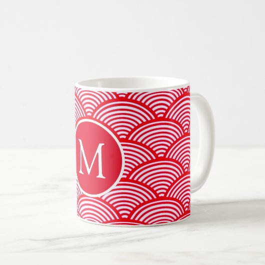 Monogramm des roten und weißen Scallop-Musters Kaffeetasse (VorderseiteRechts)