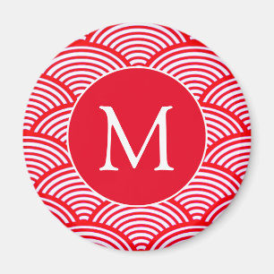 Monogramm des roten und weißen Scallop-Musters Magnet