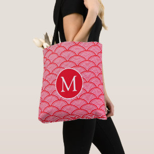 Monogramm des roten und weißen Scallop-Musters Tasche