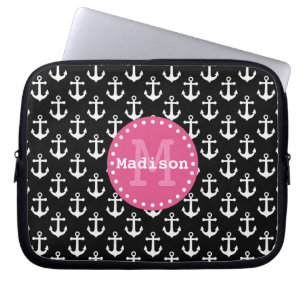 Monogramm des Schwarz-weiß rosa Ankermusters Laptopschutzhülle