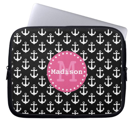 Monogramm des Schwarz-weiß rosa Ankermusters Laptopschutzhülle (Vorderseite)