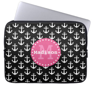 Monogramm des Schwarz-weiß rosa Ankermusters Laptopschutzhülle