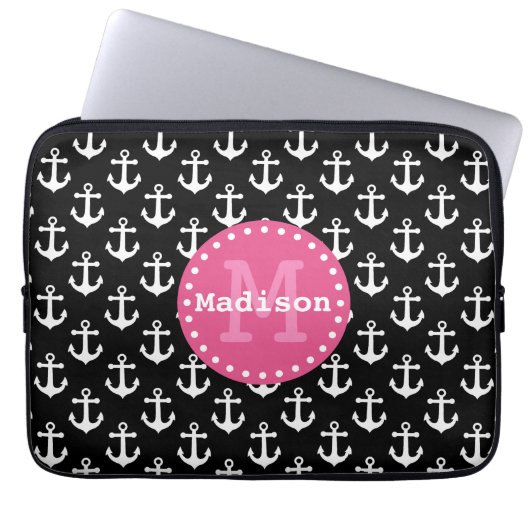 Monogramm des Schwarz-weiß rosa Ankermusters Laptopschutzhülle (Vorderseite)