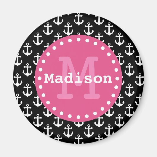Monogramm des Schwarz-weiß rosa Ankermusters Magnet (Vorne)