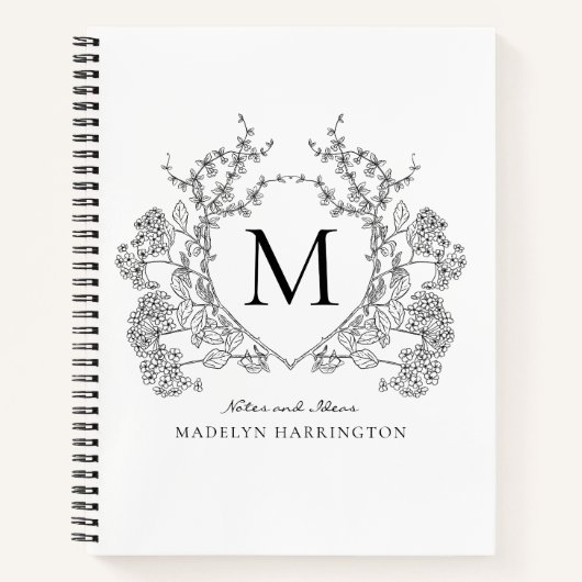 Monogramm des Schwarz-weißen Blumenblattes Notizblock (Vorderseite)
