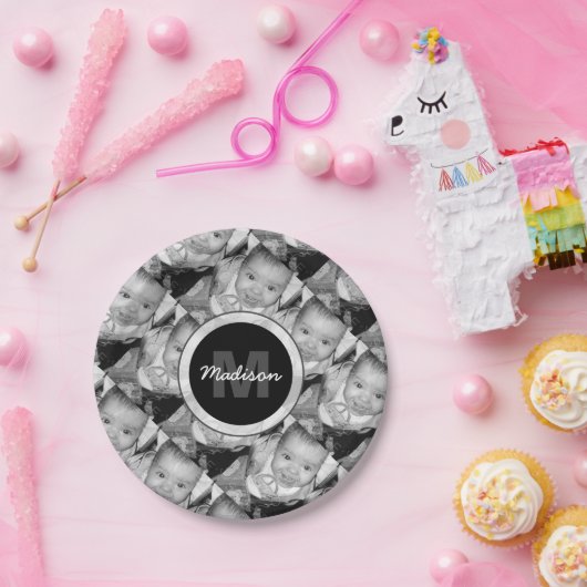 Monogramm des Schwarz-weißen Fotos anpassen Pappteller (Party)