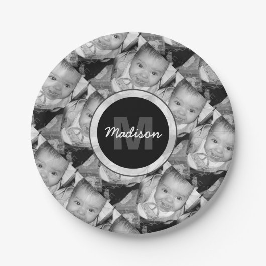 Monogramm des Schwarz-weißen Fotos anpassen Pappteller (Vorderseite)