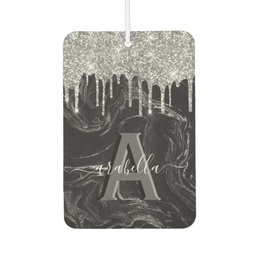 Monogramm des schwarzen Silber-Glitzer Autolufterfrischer (Vorderseite)