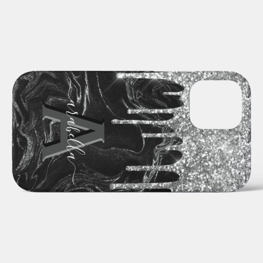 Monogramm des schwarzen Silber-Glitzer Case-Mate iPhone Hülle (Rückseite (Horizontal))