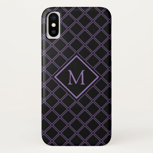 Monogramm des schwarzen und Lila Diamantmusters Case-Mate iPhone Hülle (Rückseite)