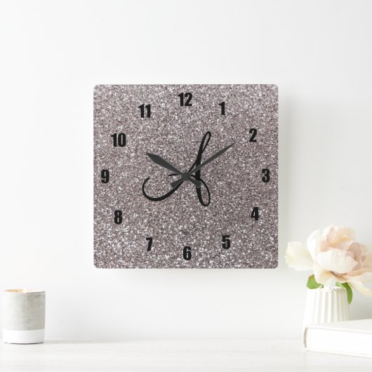 Monogramm des Silber-Glitzer Quadratische Wanduhr (Zuhause)