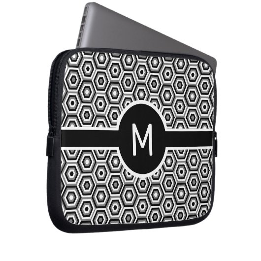 Monogramm des Single auf Schwarz-Weiß-Hexagonen Laptopschutzhülle (Vorne Rechts)
