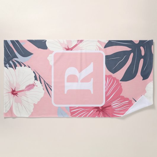 Monogramm des tropischen Hibiskus personalisiert Strandtuch (Vorderseite)