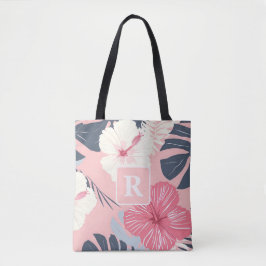 Monogramm des tropischen Hibiskus personalisiert Tasche