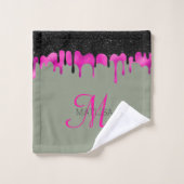 Monogramm Drilling Glitzer Sage Green Hot Pink Badhandtuch Set (Waschlappen)