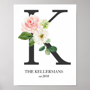 Monogramm-Druck, florale Buchstabe K, Hochzeit, Ki Poster