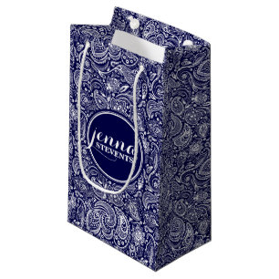 Monogramm dunkelblau & weiß vintage Paisley 2 Kleine Geschenktüte