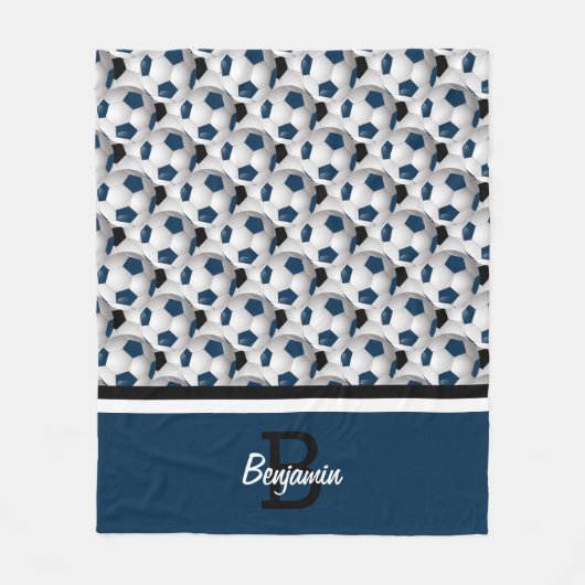 Monogramm-dunkelblaues schwarzes Fußball-Muster Fleecedecke (Vorderseite)