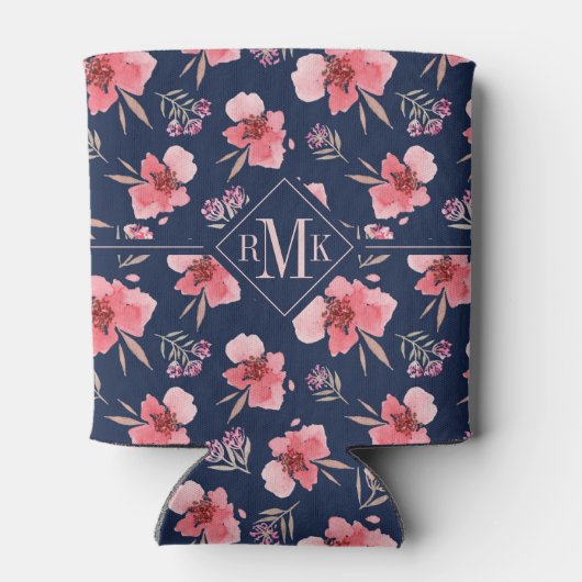 Monogramm | Dunkelrosa Wasserfarbmuster Dosenkühler (Rückseite)