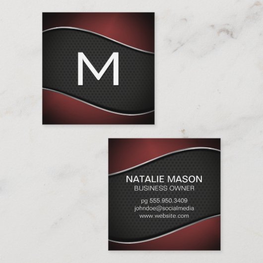Monogramm | Dunkelroter Hintergrund Quadratische Visitenkarte (Vorne/Hinten)