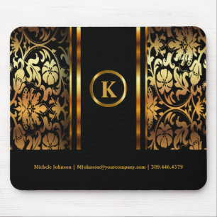 Monogramm-dunkles Gold u. schwarzer Blumendamast Mousepad