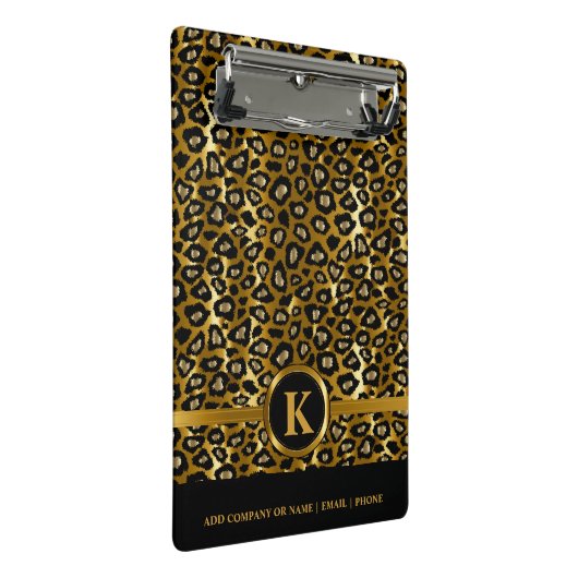 Monogramm dunkles Gold- und Schwarzleopardenmuster Mini Klemmbrett (Schrägansicht)