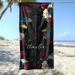 Monogramm dunkles Türkis-Rot-Blütenblüte Strandtuch