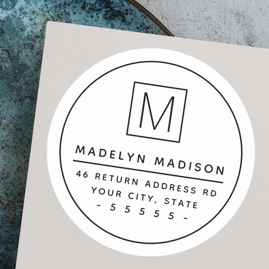 Monogramm dünner Rand minimale weiße Rücksendeadre Runder Aufkleber