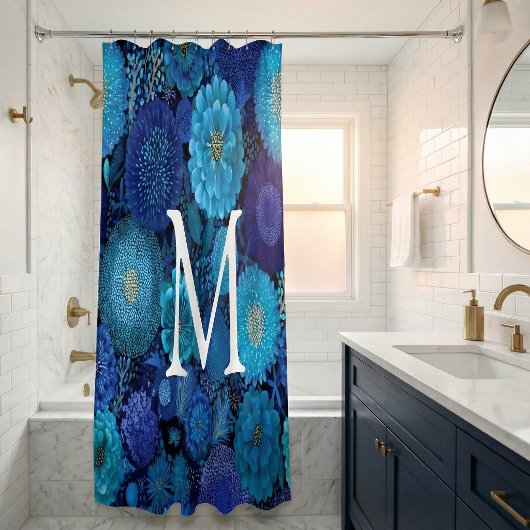 Monogramm-Duschvorhang floral navyblau  Duschvorhang