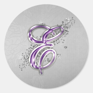 Monogramm-E-Aufkleber für lila Glitzer Runder Aufkleber