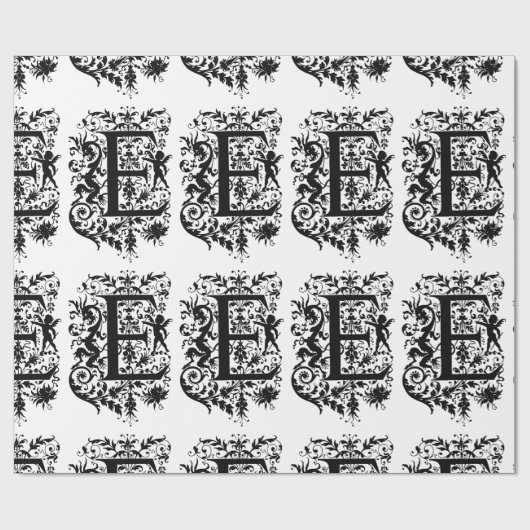 Monogramm E Initial Black and White Cupid Muster Geschenkpapier (Flach)