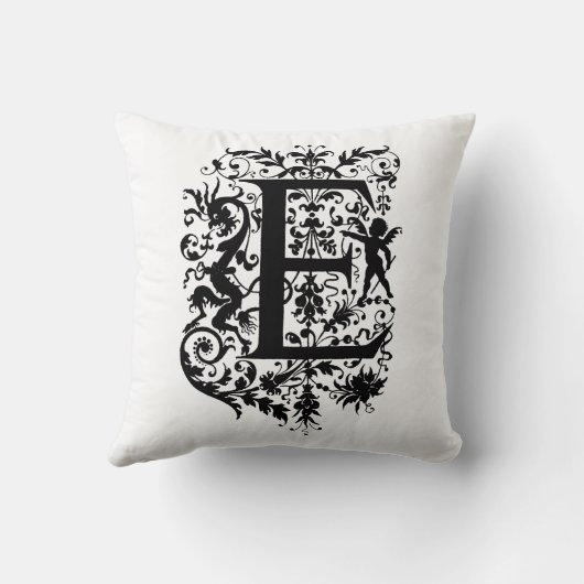 Monogramm E Initial Black and White Floral Pattern Kissen (Rückseite)