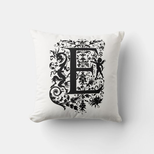 Monogramm E Initial Schwarz-Weiß-Blumenmuster Kissen (Vorderseite)