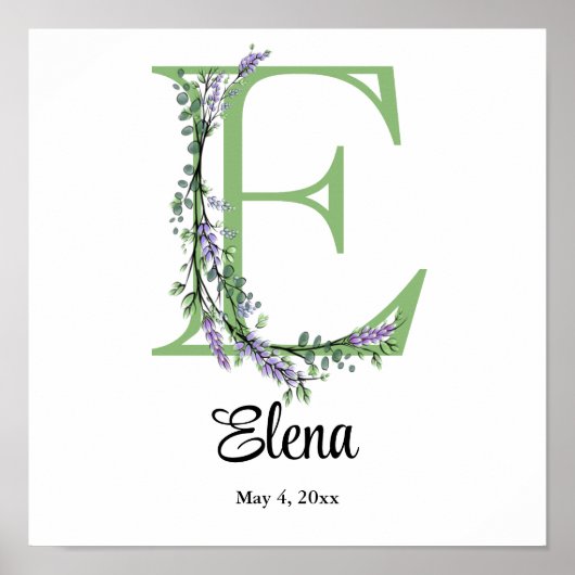 Monogramm E Lavendel Eukalyptus Poster (Vorne)