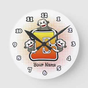 Monogramm E Sock Monkey-Uhr Runde Wanduhr