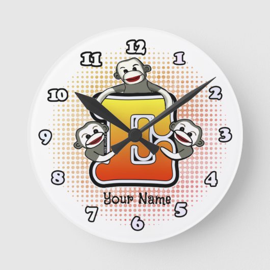 Monogramm E Sock Monkey-Uhr Runde Wanduhr (Vorderseite)