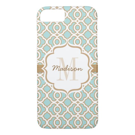 Monogramm Eggshell Blue und Gold Quatrefolie Case-Mate iPhone Hülle (Rückseite)