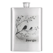 Monogramm einfache Schwarz-Weiß-Vögel in Bäumen | Flachmann (Vorderseite)