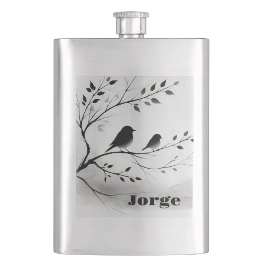 Monogramm einfache Schwarz-Weiß-Vögel in Bäumen | Flachmann (Vorderseite)