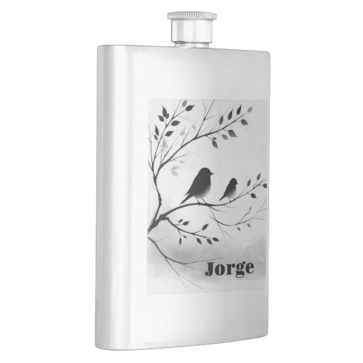 Monogramm einfache Schwarz-Weiß-Vögel in Bäumen | Flachmann (Rechts)